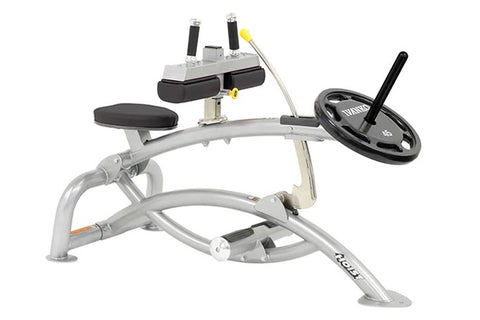 Gray and black Hoist seated calf raise machine with black padded seat, dual handles with yellow accents, and weight plate att