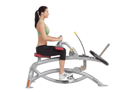 Gray and black Hoist seated calf raise machine with black padded seat, dual handles with yellow accents, and weight plate att