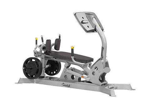 Hoist Dual Action Leg Press with gray and black frame, padded seat, dual footplates with weight plates, and upright monitor d