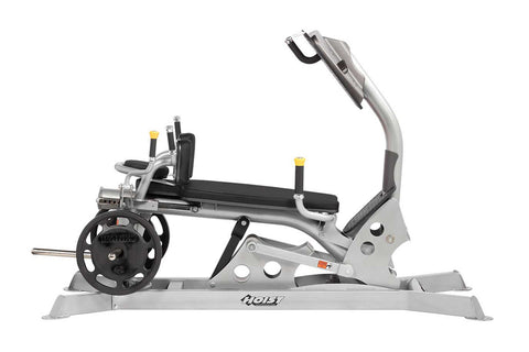 Hoist Dual Action Leg Press with gray and black frame, padded seat, dual footplates with weight plates, and upright monitor d