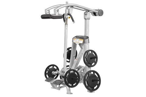 Hoist ROC-IT standing calf raise machine with silver frame, black footplates, and weight plates on white background