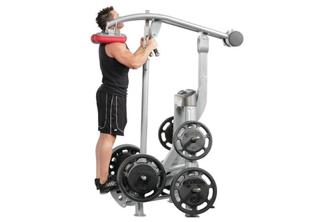 Hoist ROC-IT standing calf raise machine with silver frame, black footplates, and weight plates on white background