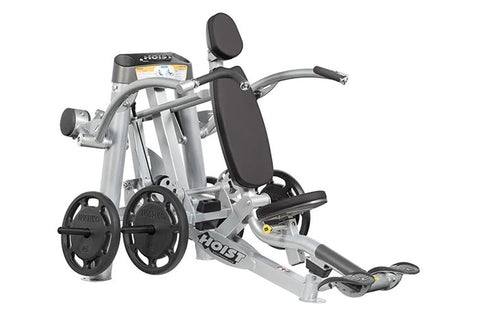 Hoist ROC-IT Shoulder Press Machine with silver frame, black padded seat and backrest, weight plates, and digital display on 