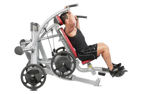 Hoist ROC-IT Shoulder Press Machine with silver frame, black padded seat and backrest, weight plates, and digital display on 