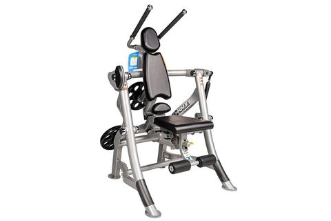 Hoist Abdominals Machine with silver frame, black padded seat and backrest, dual black handles, blue digital display, and foo