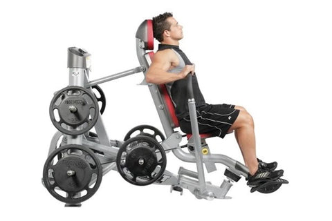 Hoist Abdominals Machine with silver frame, black padded seat and backrest, dual black handles, blue digital display, and foo