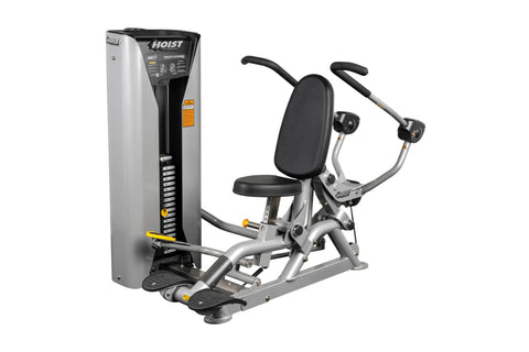 Hoist ROC-IT Triceps Extension Machine with silver frame, black padded seat and backrest, dual handles, and black foot platfo