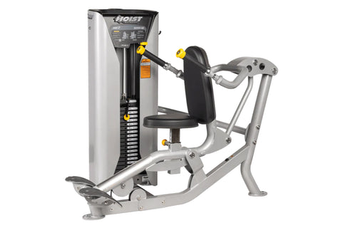Hoist ROC-IT seated dip machine with silver steel frame, black padded seat and handles, yellow adjustment levers, on white ba