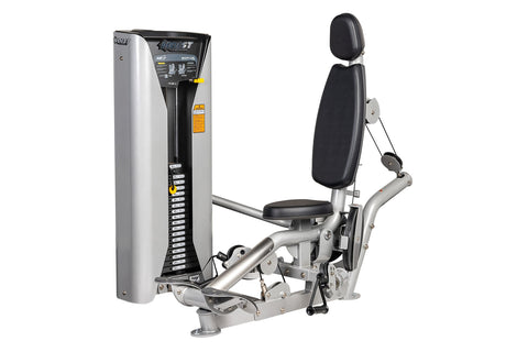 Hoist ROC-IT Biceps Curl Machine with silver frame, black padded seat and backrest, weight stack on white background