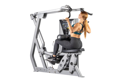 Hoist ROC-IT Lat Pulldown Machine with silver frame, black handles, and control panel on white background