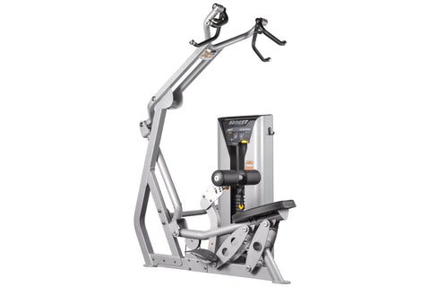 Hoist ROC-IT Lat Pulldown Machine with silver frame, black handles, and control panel on white background
