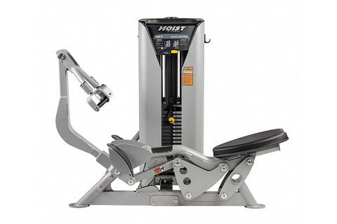 Hoist ROC-IT Seated Mid Row Machine with gray steel frame, black footrest, and control panel on white background