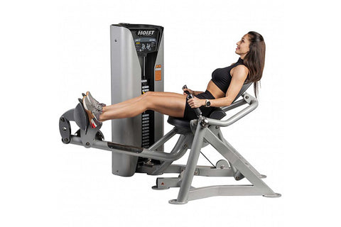 Hoist ROC-IT Lower Back Machine with silver frame, black upholstered seat and backrest, weight stack on white background