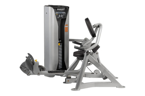 Hoist ROC-IT Lower Back Machine with silver frame, black upholstered seat and backrest, weight stack on white background