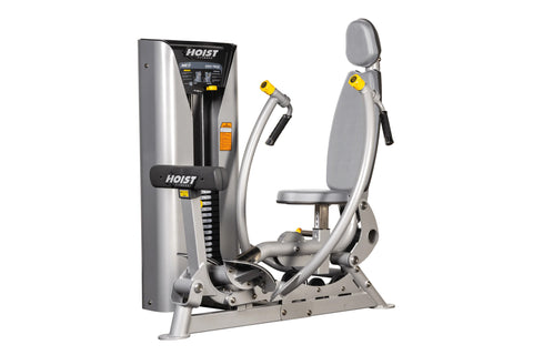 Hoist ROC-IT chest press machine with silver frame, gray padded seat and back, yellow hand grips, and control panel on white 