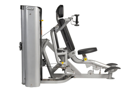 Hoist ROC-IT Pec Fly machine with silver metal frame, black padded seat back and armrests, dual handles, and footplate on whi