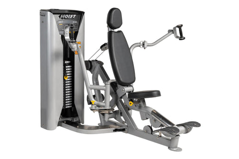 Hoist ROC-IT Pec Fly machine with silver metal frame, black padded seat back and armrests, dual handles, and footplate on whi