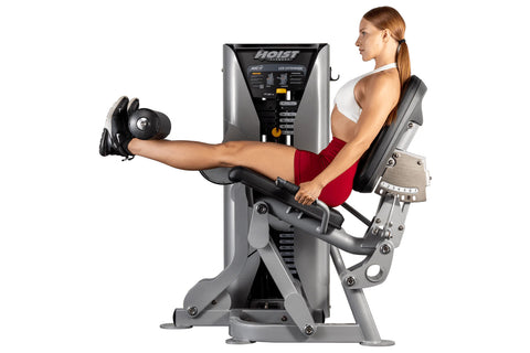 Hoist ROC-IT leg extension machine with silver and black frame, padded seat and backrest, on white background