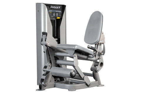 Hoist ROC-IT leg extension machine with silver and black frame, padded seat and backrest, on white background