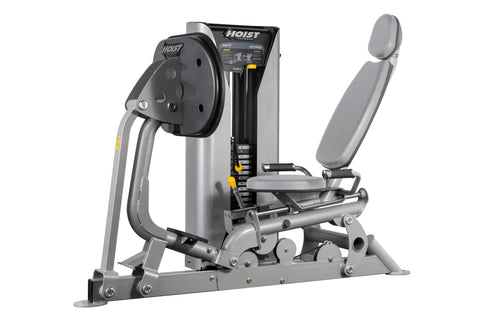 Hoist ROC-IT leg press machine with gray padded seat and backrest, black and silver frame, control panel with yellow accents,