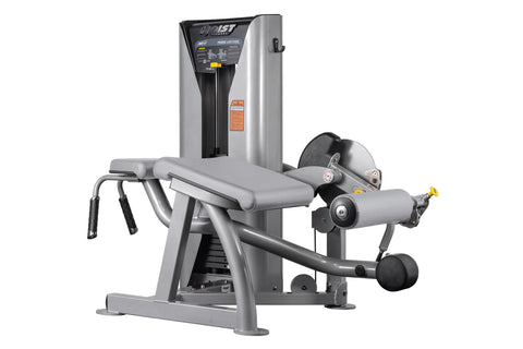 Hoist ROC-IT Prone Leg Curl Machine with silver frame, black padded seat and leg extension arm with weight stack on white bac