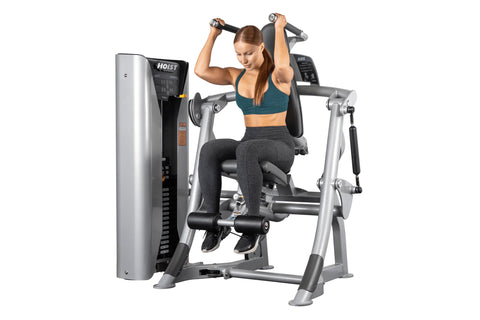 Hoist ROC-IT Abdominals Machine with silver frame, gray padded seat and backrest, dual black handles, and control panel on wh