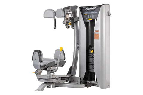 Hoist ROC-IT Rotary Torso Machine with silver and black frame, gray padded seat, dual handles, and control panel on white bac