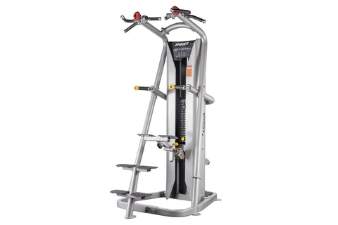 Hoist ROC-IT Chin/Dip Assist Machine with silver frame, black seat, red handles, and yellow grip accents on white background