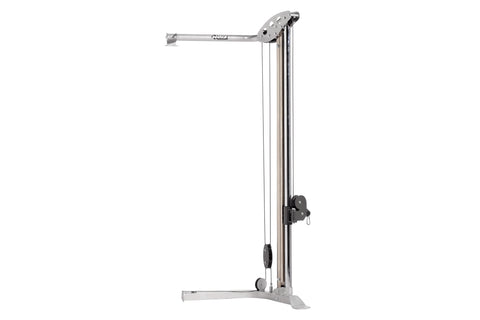 Hoist V Series Hi-Lo cable column with black metal frame, pulley system, and triangular handle attachment on white background