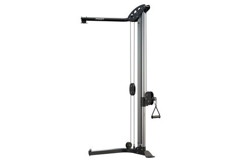 Hoist V Series Hi-Lo cable column with black metal frame, pulley system, and triangular handle attachment on white background