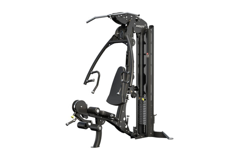Black Hoist V1-Elite home gym machine with curved frame, padded seat, dual handles, and foot platform on white background
