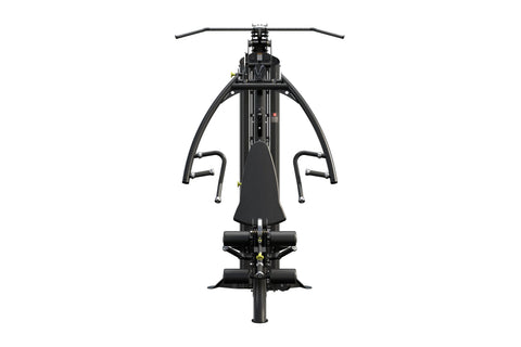 Black Hoist V1-Elite home gym machine with curved frame, padded seat, dual handles, and foot platform on white background