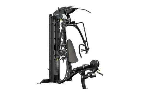 Black multi-station home gym with dual handles, horizontal bar, and leg press base, viewed from front on white background