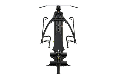 Black multi-station home gym with dual handles, horizontal bar, and leg press base, viewed from front on white background