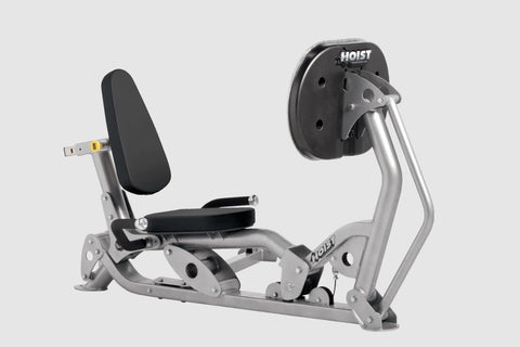 Hoist Freestanding Leg Press Kit with silver frame, black padded seat and backrest, on white background