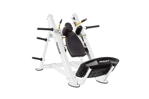 Hoist Hack Squat machine with silver frame, black padded seat and backrest, yellow accents, and multiple black handles on whi