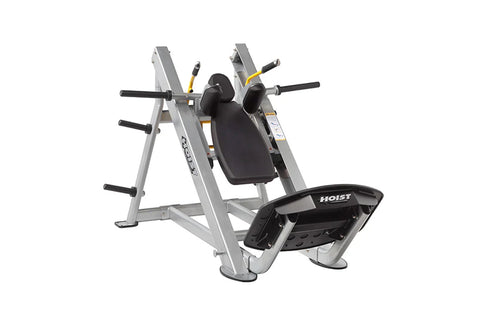 Hoist Hack Squat machine with silver frame, black padded seat and backrest, yellow accents, and multiple black handles on whi