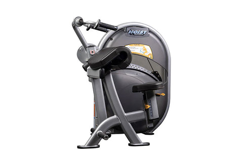 Gray and black Hoist Triceps Extension machine with padded seat, handlebar controls, and stabilizing base on white background