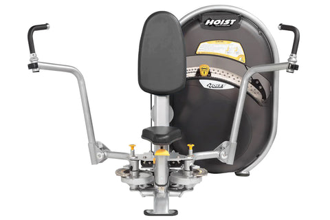 Hoist Club Line Pec Fly/Rear Delt machine with gray frame, black seat and back pad, dual handles, and yellow accents on white