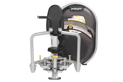 Hoist Club Line Pec Fly/Rear Delt machine with gray frame, black seat and back pad, dual handles, and yellow accents on white