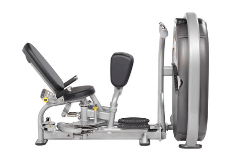 Hoist Club Line gray and black inner and outer thigh exercise machine with padded seat and leg press attachment on white back