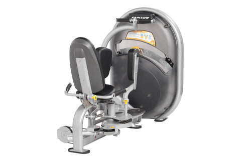 Hoist Club Line gray and black inner and outer thigh exercise machine with padded seat and leg press attachment on white back