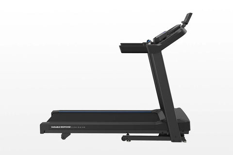 Black motorized treadmill with blue accent stripe, digital console with blue display, adjustable incline, and tablet holder o