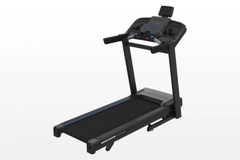 Black motorized treadmill with blue accent stripe, digital console with blue display, adjustable incline, and tablet holder o