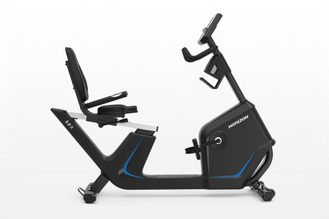 Black recumbent exercise bike with blue accent trim, blue digital display console, and padded seat with backrest on white bac