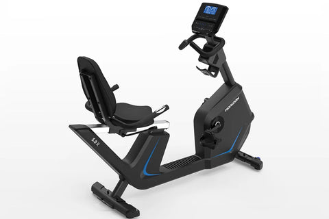 Black recumbent exercise bike with blue accent trim, blue digital display console, and padded seat with backrest on white bac