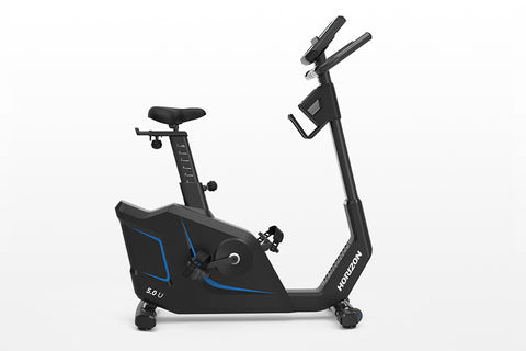 Black upright exercise bike with blue accent lines, digital display console, adjustable seat and handlebars, on white backgro