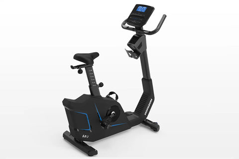 Black upright exercise bike with blue accent lines, digital display console, adjustable seat and handlebars, on white backgro
