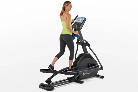 Black and gray elliptical machine with blue accents, digital console display, and dual handlebar arms on white background