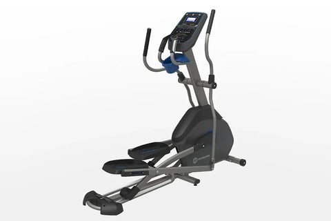 Black and gray elliptical machine with blue accents, digital console display, and dual handlebar arms on white background